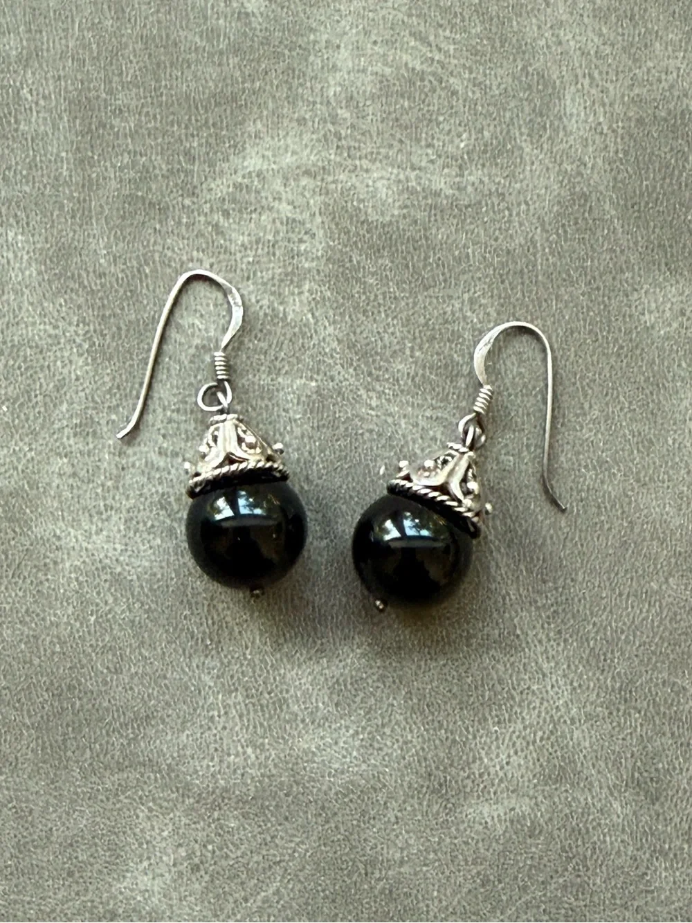 Vintage Black Bead Drop Earrings with Silver Accents